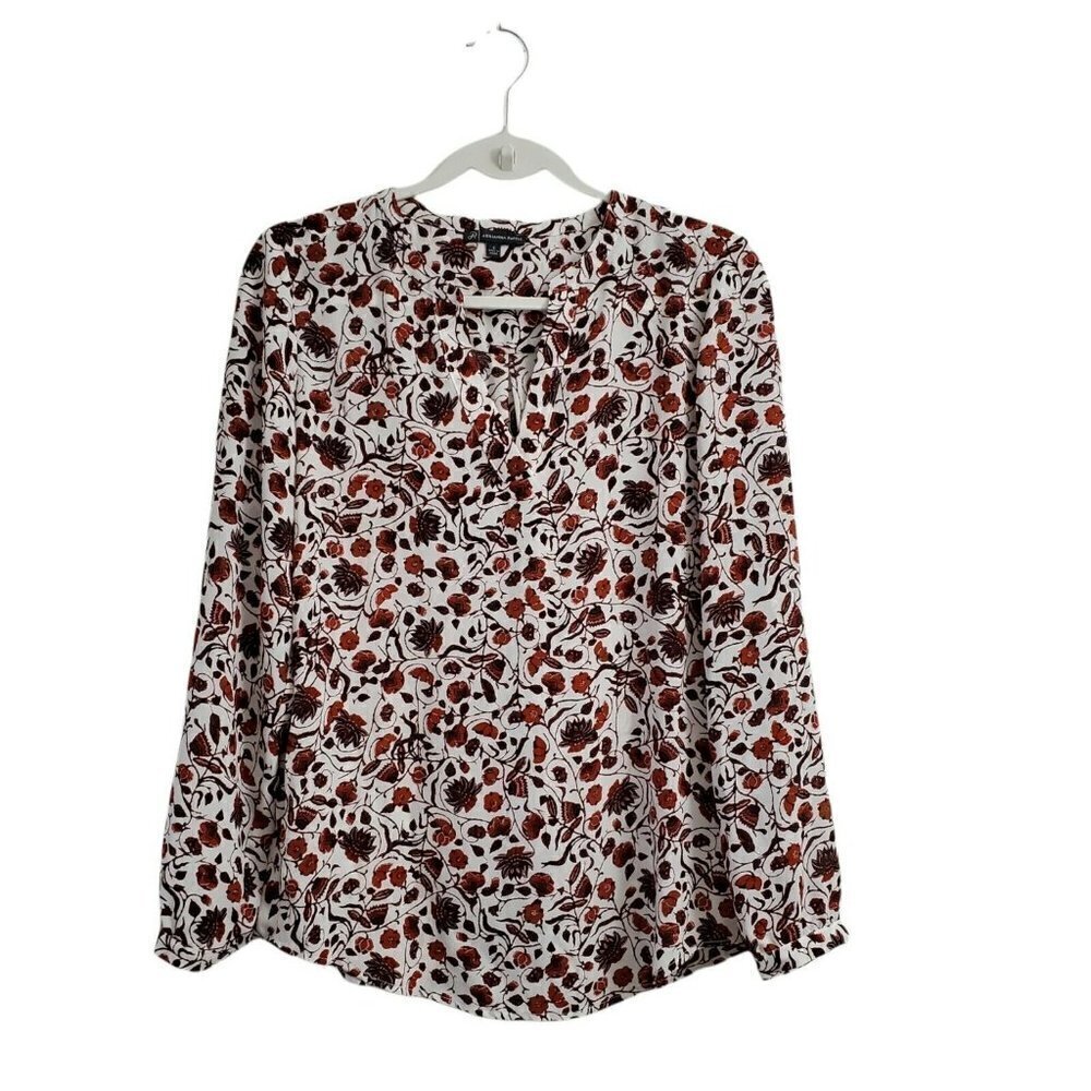 Adrianna Papell Blouse Small Floral Print Long Sleeve V-Neck Top Casual